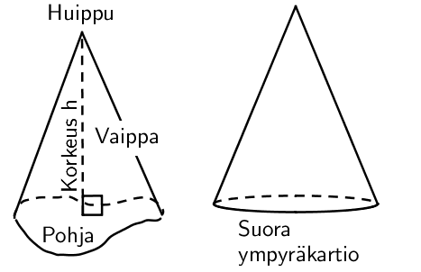 Kartion osat ja erilaisia kartioita.